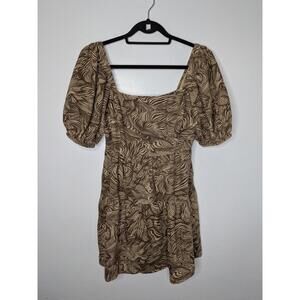 House Of Harlow 1960 Dress Womens Small Brown Animal Print Smocked Linen Mini